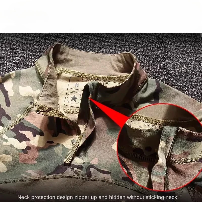 Camiseta táctica para hombre, camisetas de camuflaje para senderismo y caza, camisetas de combate Airsoft Paintball, ropa de trabajo elástica tejida con cremallera 1/4, camisetas de entrenamiento - imagen 3
