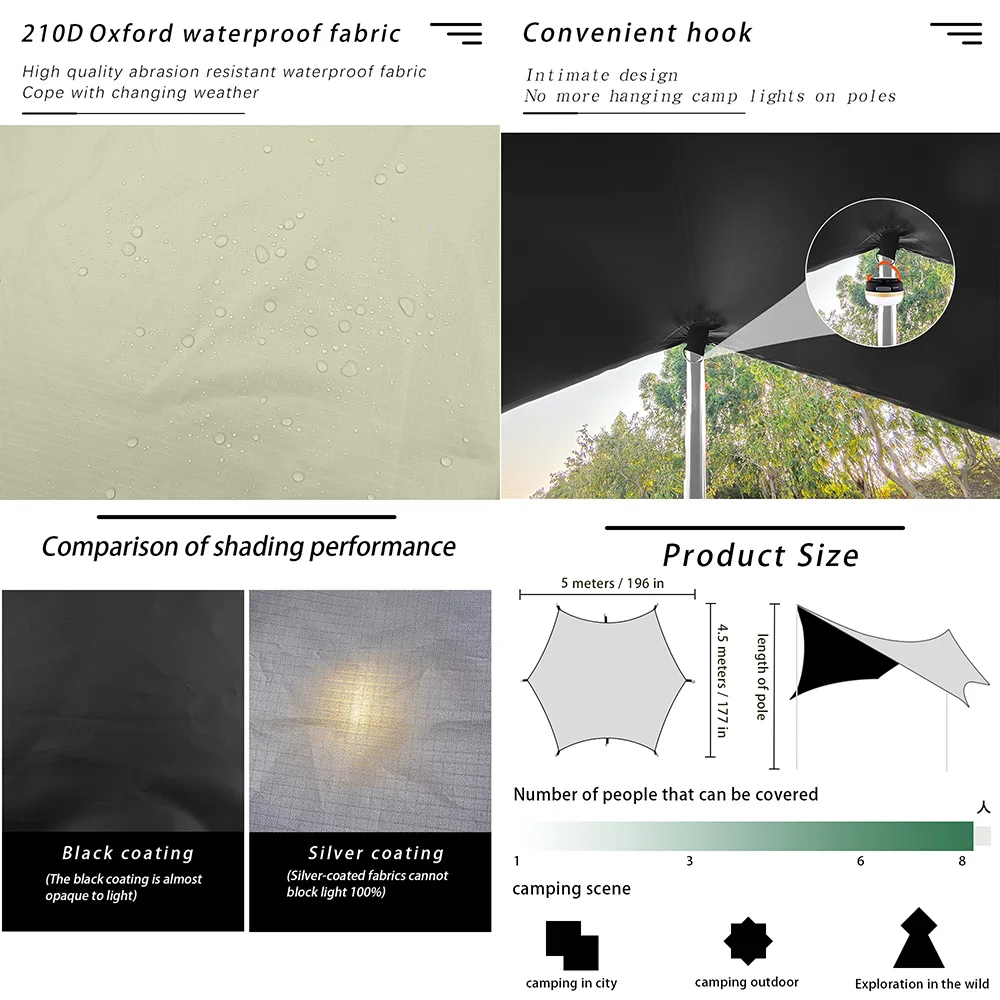 Lona de revestimiento negra grande de 5x4,5 m, toldo de mariposa Hexagonal impermeable, lona de sombra para acampar al aire libre, refugio, parasol, Flysheet - imagen 5