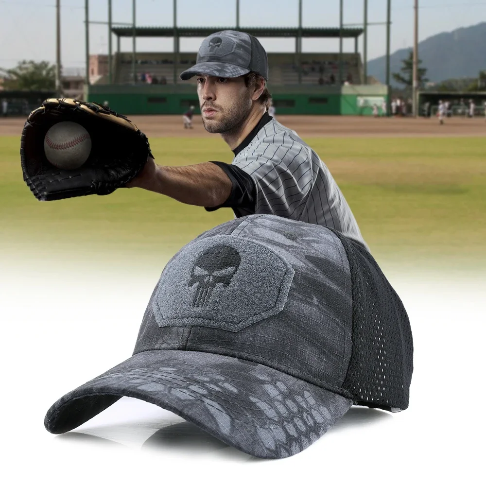 Gorra táctica de camuflaje, gorras de béisbol con calavera, Snapback deportivo, Airsoft, caza, senderismo, malla, sombrero de camionero ajustable a prueba de sol, verano - imagen 4