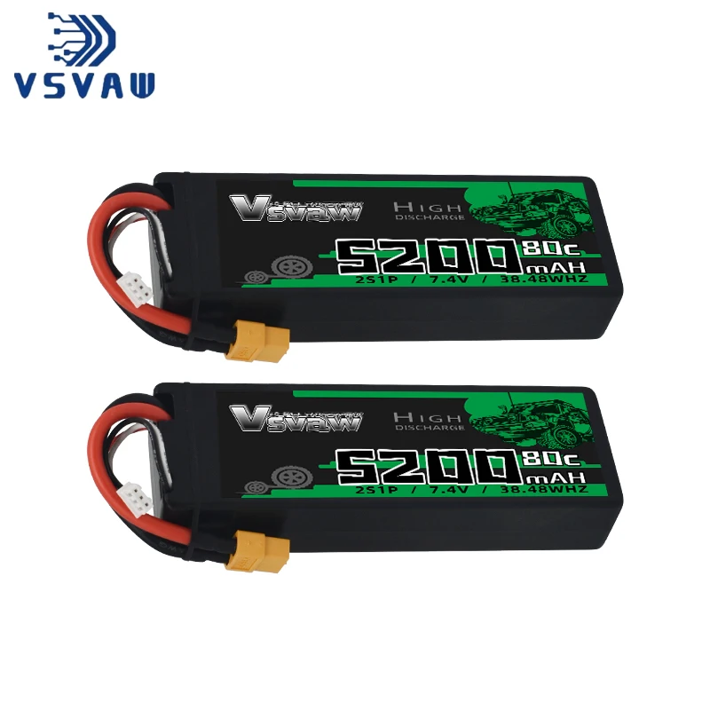 2 uds VSVAW 2S Lipo batería 7,4 V 80C 5200mAh estuche rígido T enchufe para 1/8 1/10 RC coche camión tanque RC Buggy Truggy RC piezas de carreras