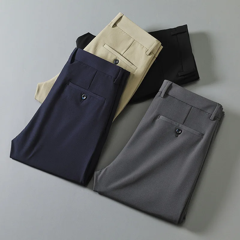 Pantalones informales de algodón para hombre, ropa ajustada, elástica, resistente a las arrugas, color sólido, moda de negocios