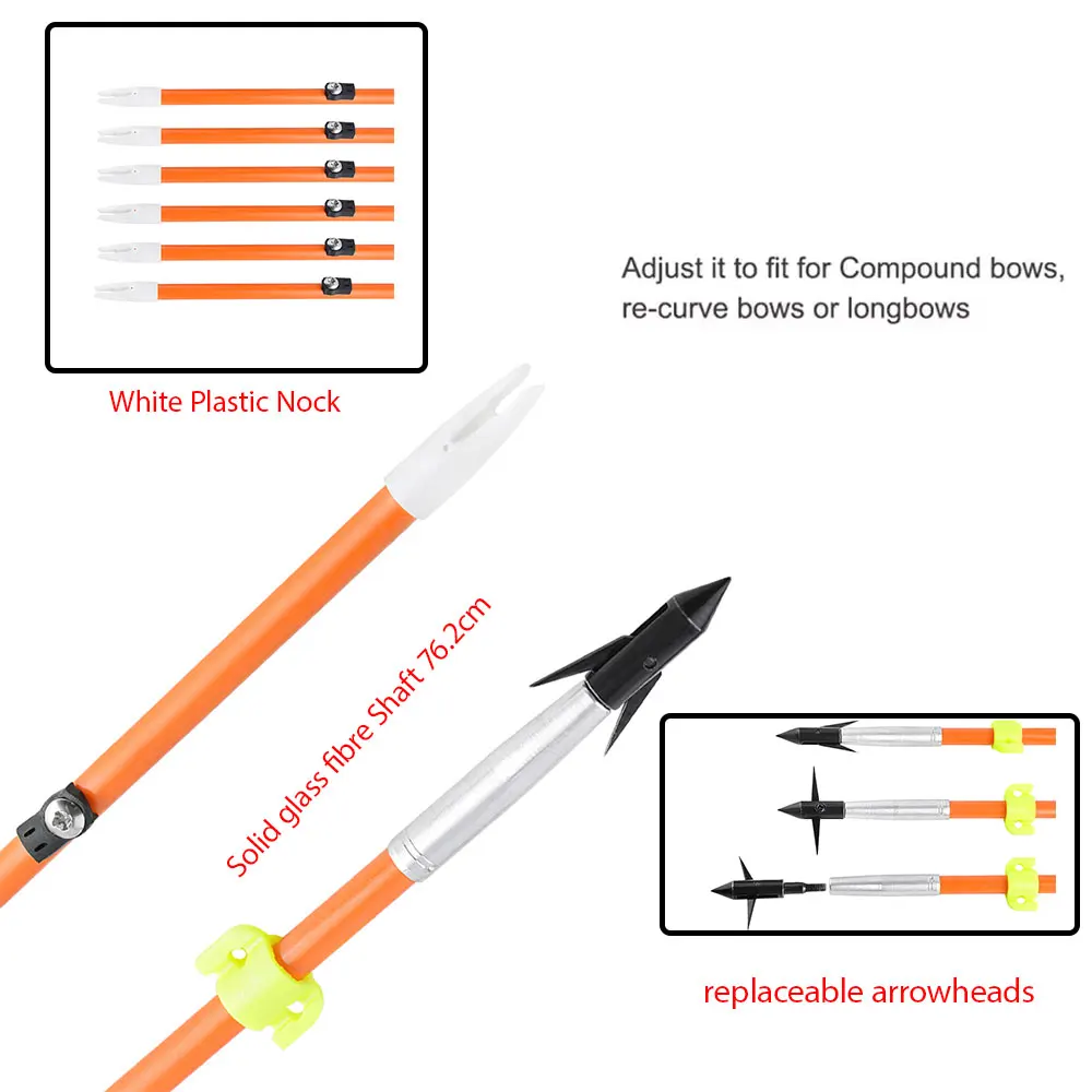 Flecha de pesca con arco OD 7,8mm, toboganes de seguridad con punta de flecha para caza, flecha de fibra de vidrio sólida, arco recurvo compuesto, pesca y caza, 6/12 Uds. - imagen 4