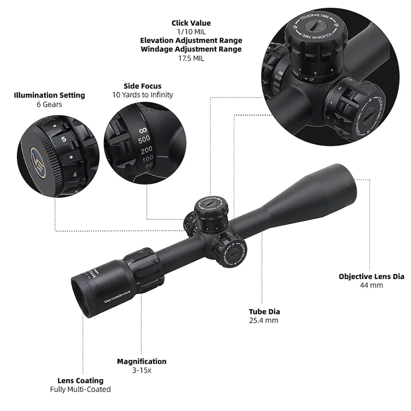 Vector Optics Paragon 3-15X44 Sfp mira telescópica retícula de vidrio grabada en configuración Mil para tácticas de caza - imagen 2