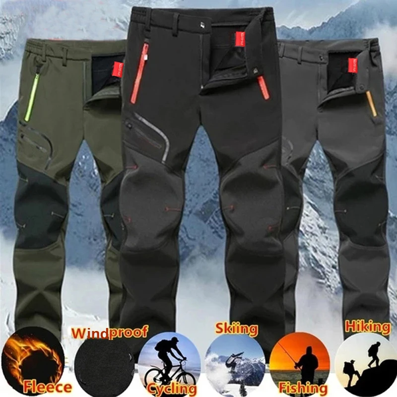 Pantalones cálidos de lana elástica para hombre, para exteriores, invierno, Softshell, senderismo, escalada, senderismo, Camping, pesca, pantalones de entrenamiento deportivos de gran tamaño - imagen 2
