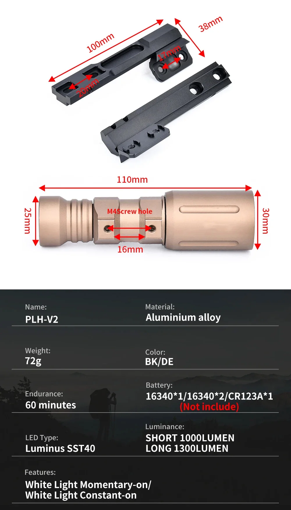 WADSN-linterna táctica de caza PLH-V2, PLHv2, 1000 lúmenes, luz LED de explorador de alta potencia con Base Thornta de montaje compensado Mlok Keymod - imagen 5
