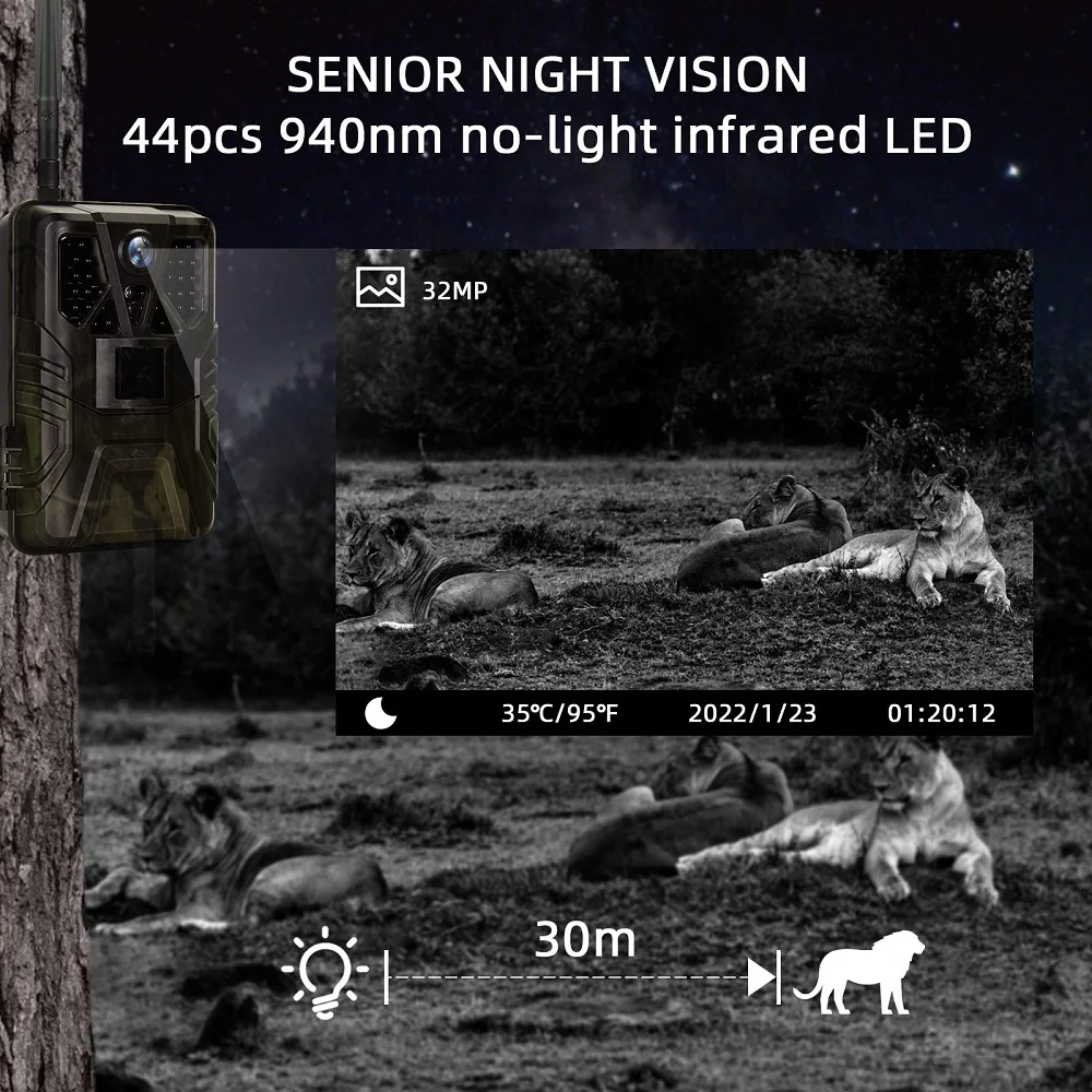 Cámara de rastreo con Control por aplicación de vídeo en vivo 4K para exteriores, servicio en la nube, cámaras de caza de 30MP, móvil 4G, IP66, visión nocturna de vida silvestre - imagen 4