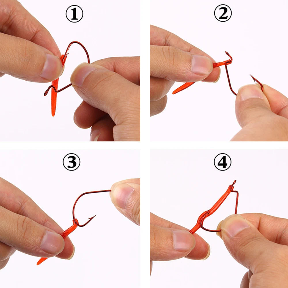 100 uds/botella cebo suave de gusano señuelo Artificial 4 secciones señuelo de gusano rojo olor a pescado aparejos realistas cebo de pesca de carpa lubina - imagen 2