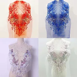 Corpiño de diamantes de imitación con cuentas, adornos y apliques, parches de costura, parche bordado de encaje de flores 3d para vestido de fiesta, 31x53CM