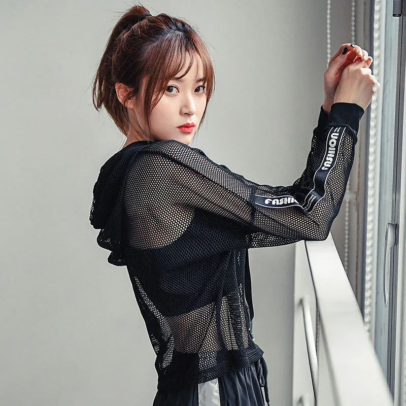 Nueva camiseta deportiva Sexy para mujer, informal, holgada, para Fitness, Yoga, Top de malla transparente, chaqueta de manga larga con capucha para mujer - imagen 5