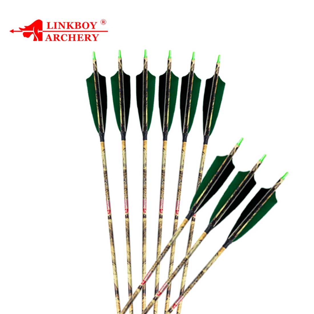 12 Uds Linkboy carbono camuflaje flecha verde ID6.2mm Sp300-600 5 pulgadas pluma de pavo 75gr puntas compuesto arco tradicional caza