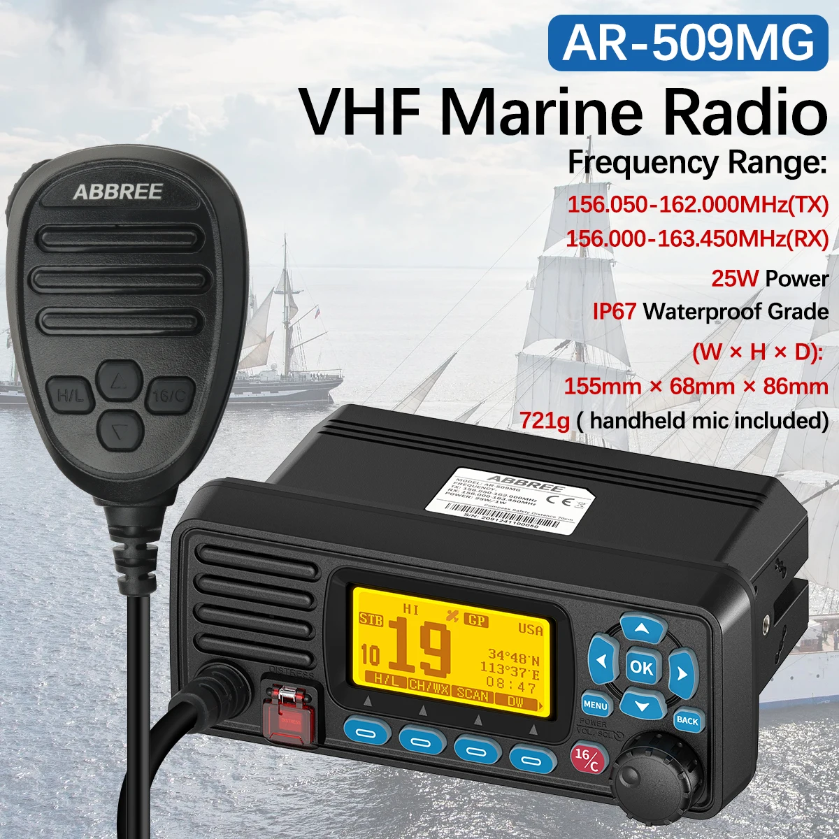 ABBREE AR-509MG radio VHF marina impermeable con GPS montaje fijo - imagen 2