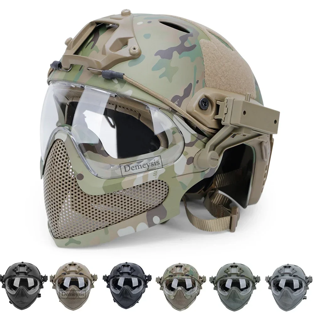 Casco táctico + máscara + juegos de gafas, casco de Paintball Airsoft para exteriores con gafas, cascos FAST PJ, juego CS, protección facial completa