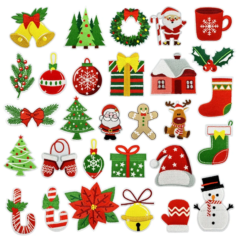 Parche para planchar, insignia de decoración navideña, pegatina de tela, calcetines de Papá Noel de Color, guantes, insignia bordada por ordenador con parche para planchar