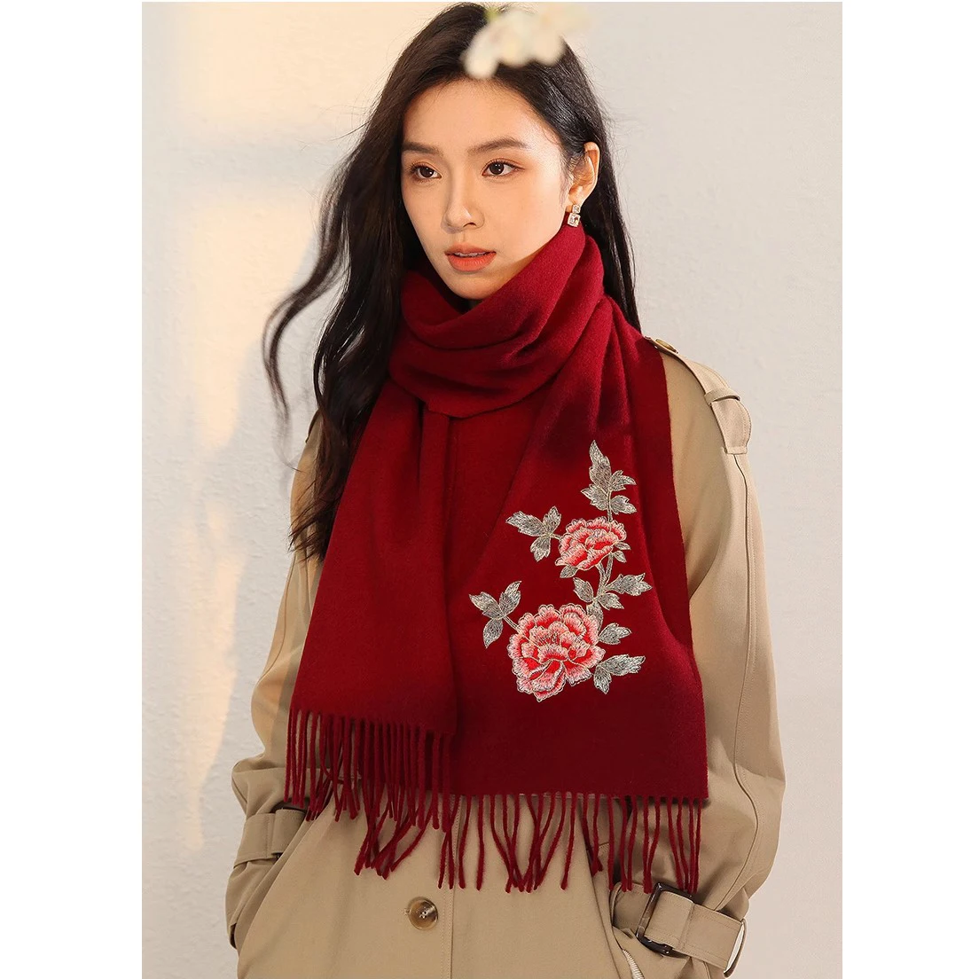Bufanda de lana 100% pura de lujo para mujer primavera Otoño Invierno suave ecológico accesorios de ropa decoración regalo marca rojo rosa - imagen 5