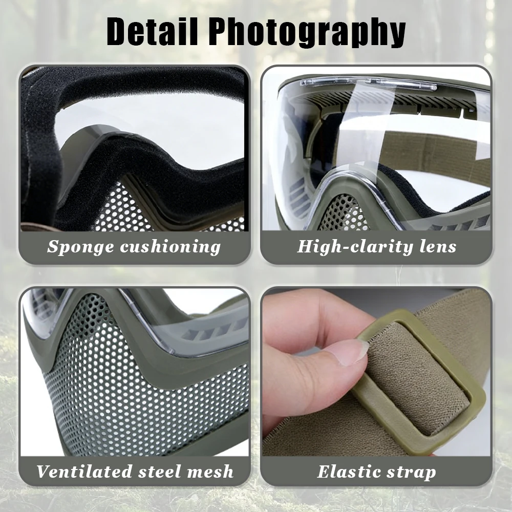 Máscara facial completa Airsoft, máscara para casco, gafas protectoras de seguridad antiniebla, conjunto de máscara facial de protección de malla de acero transpirable para juego de guerra