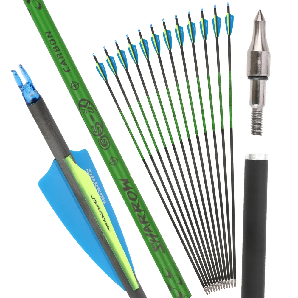 6/12X tiro con arco OD7.4MM flecha de carbono puro 3 "escudo paletas de goma arco caza tiro arco compuesto arco largo recurvo Tranditional