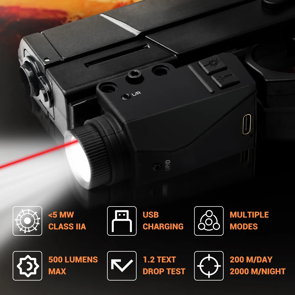 Combo de luz láser de pistola de 500 lúmenes, viga láser roja/verde/azul/púrpura para arma, linterna estroboscópica, linterna Glock recargable - imagen 3