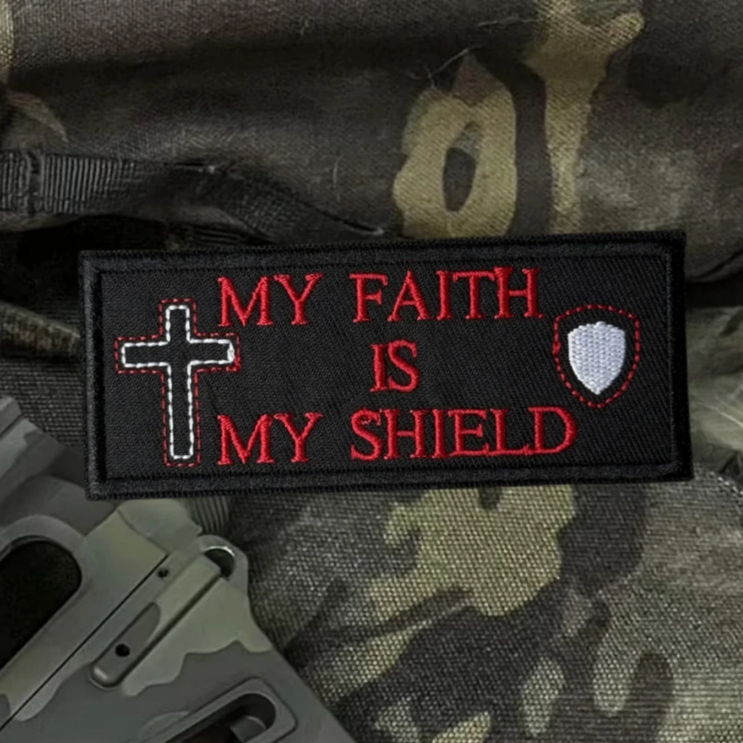Parche táctico moral, brazalete militar "Mi fe es mi escudo", parches de gancho bordados de Jesús para ropa, pegatina para mochila - imagen 4