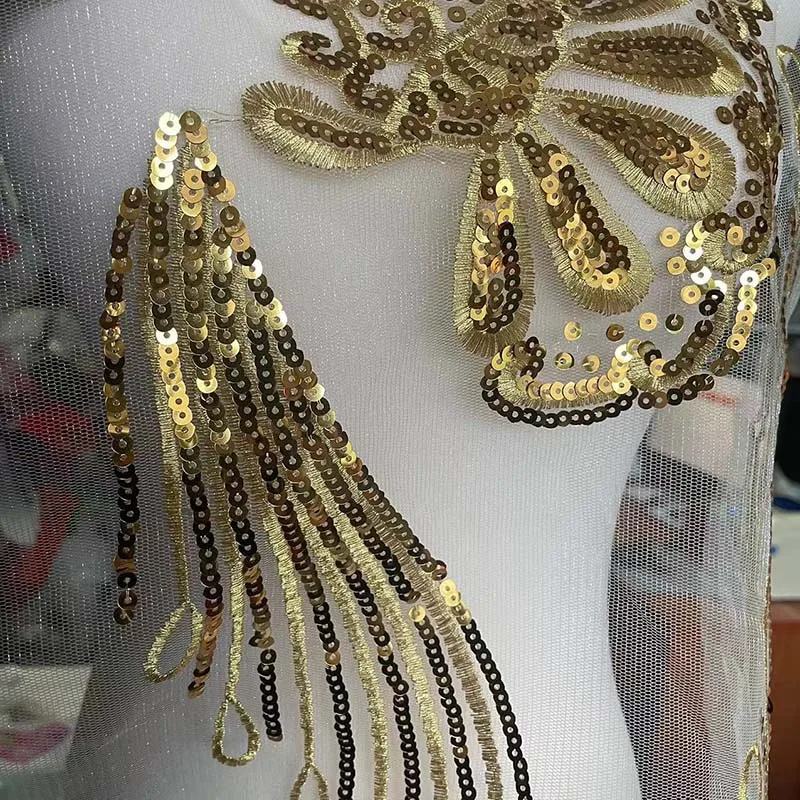 Parche de costura de tela de encaje de lentejuelas doradas y plateadas, apliques de cuello de corpiño, bordado de flores, parches para coser para vestido de fiesta, vestido de novia - imagen 5