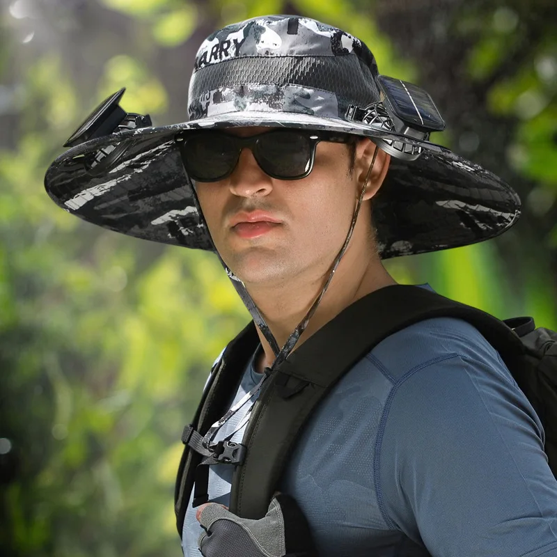 Gorra solar recargable USB con doble ventilador – Ala ancha exterior - imagen 2