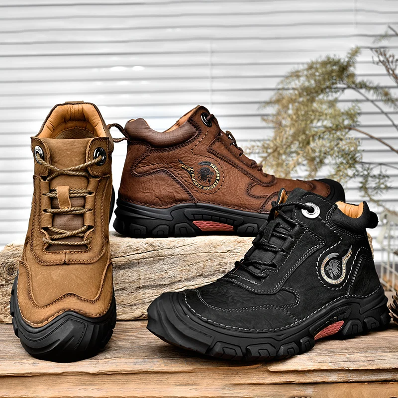 HIKEUP-zapatos para caminar para hombre, al aire libre Botas de senderismo, de cuero de vaca genuino, a la moda, suela antideslizante, zapatillas informales estables, de invierno - imagen 5