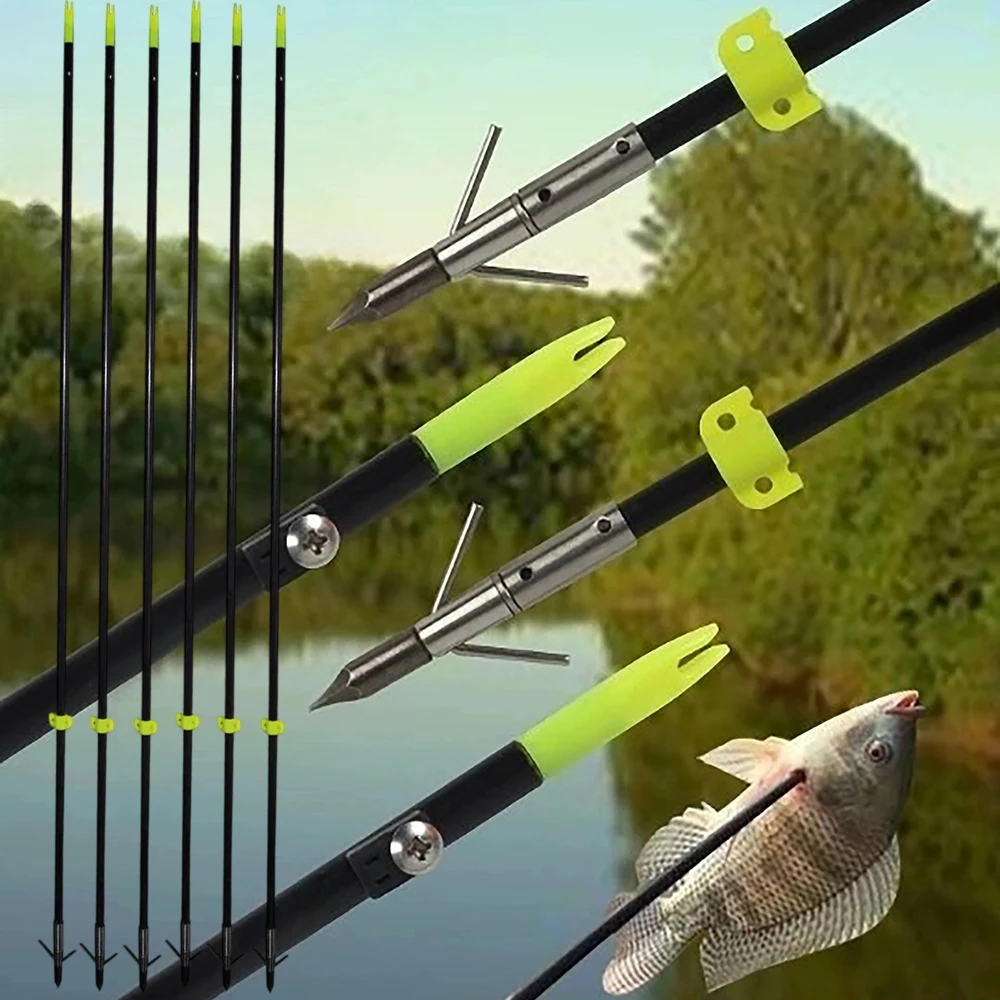 Tiro con arco, 6 uds., flechas de pesca con arco de fibra de vidrio sólida con púas de acero, punta de flecha, deslizador amarillo para caza, flechas de arco compuesto - imagen 4