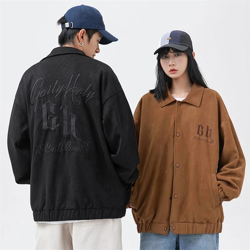 Abrigo de entrenador de gamuza sintética para hombre y mujer, chaqueta de un solo pecho, chaqueta de lana de invierno, chaqueta de béisbol informal, ropa de calle Hip Hop - imagen 3