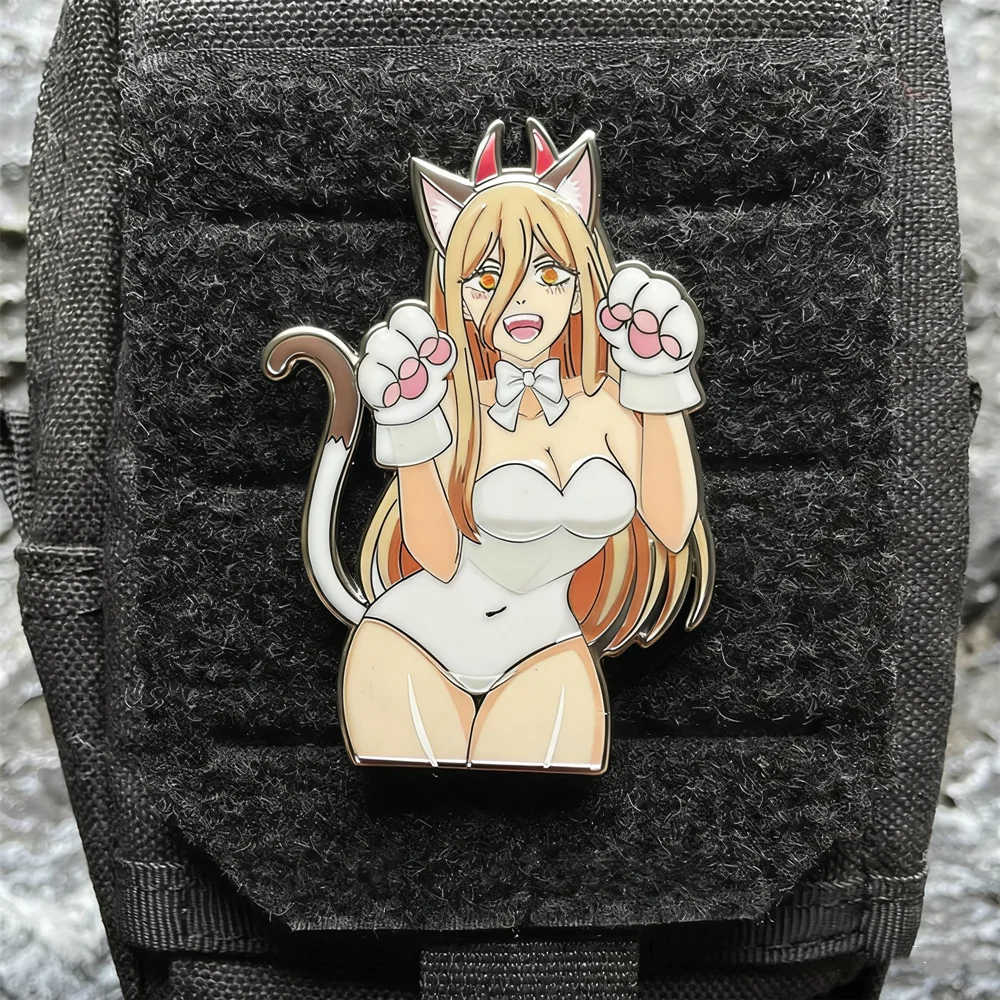 Parche de Metal de Anime Power Cat, insignia de motosierra para hombre Pava, insignia de chica bonita para mochila y ropa, Base extendida decorativa