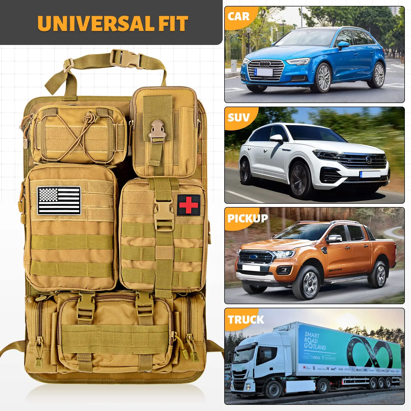 Organizador Molle para respaldo de asiento de coche, organizador táctico para respaldo de asiento con 5 bolsas Molle, organizador Universal para Panel de vehículo, bolsa de almacenamiento - imagen 3