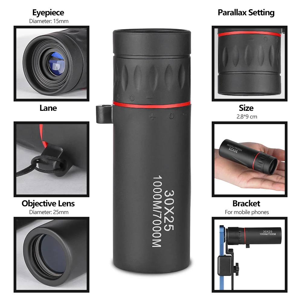 Mini binoculares de bolsillo para caza, prismáticos Monocular prácticos de 30x25 y 3/1000 metros, enfoque de zoom, ourism, medición de distancia táctica al aire libre - imagen 3