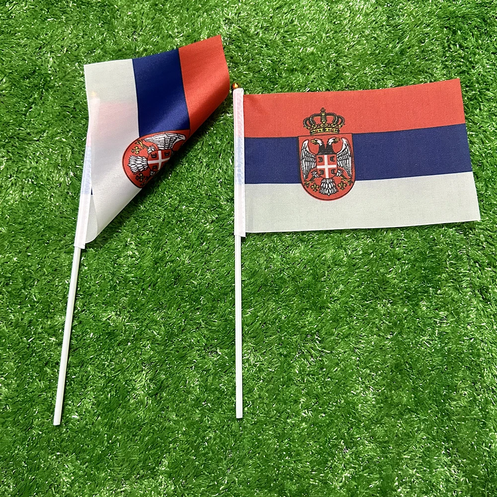 Bandera de mano de Serbia con bandera de SKY, 10/20/50/100 Uds., 21x14cm, banderas onduladas a mano de Serbia con poste de plástico para actividades deportivas, decoración del hogar - imagen 5