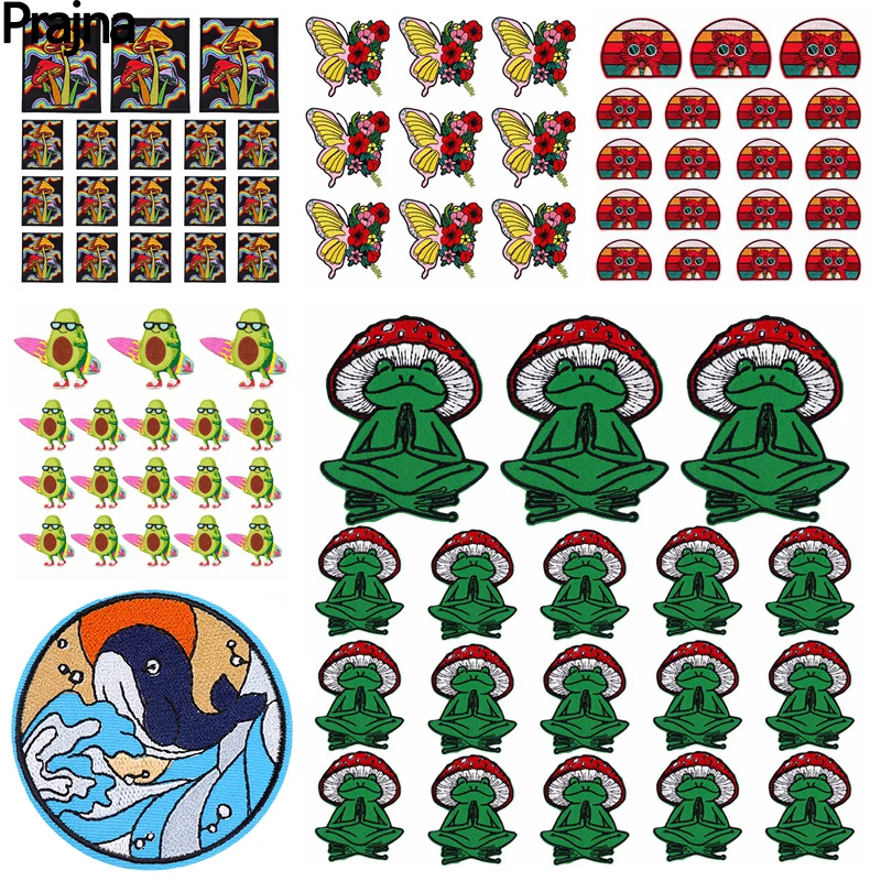 10 unids/lote parche de gato mariposa rana parche bordado de dibujos animados/animales parches para planchar para ropa parches de setas en ropa DIY - imagen 2