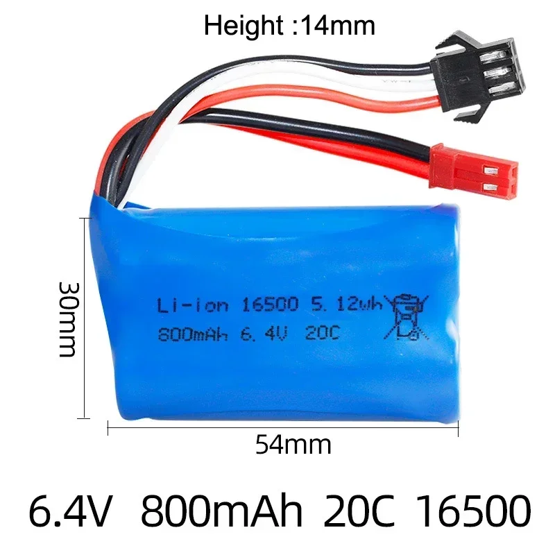 Batería Lipo de 6,4 V, 800mAh, 20C, 16500, SM-3P, enchufe doble JST inverso para Wltoys 18628 18629 18428 18429 RC, repuesto de juguete de coche de alta velocidad - imagen 2