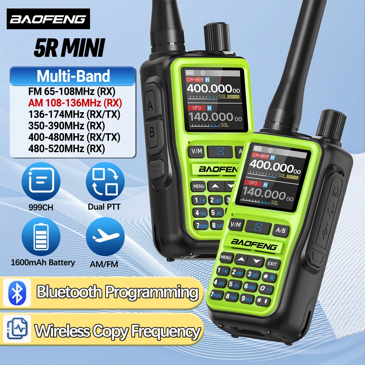 BAOFENG UV-5R Mini Walkie Talkie multibanda | Frecuencia de copia inalámbrica de programación Bluetooth | Radioaficionado portátil de largo alcance 999 canales - imagen 2