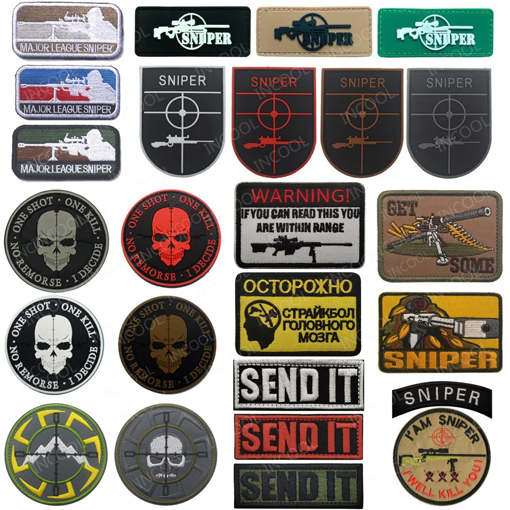 Parche bordado de PVC de francotirador, parches decorativos de goma con apliques de One Shot One Kill Skull Airsoft para mochila de ropa