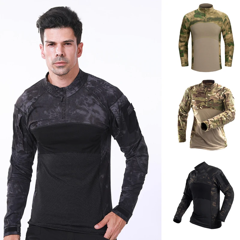 Camisa de combate táctico de camuflaje para hombre, camisas de uniforme de algodón elástico con cremallera 1/4, camiseta de camuflaje de manga larga transpirable, ropa de malla - imagen 2