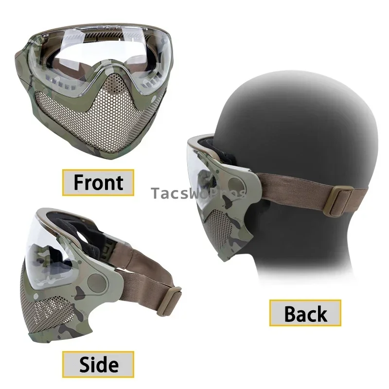 Máscara táctica con 3 lentes, malla de acero resistente a impactos, protección para caza y tiro, máscara facial completa, equipo Airsoft - imagen 4