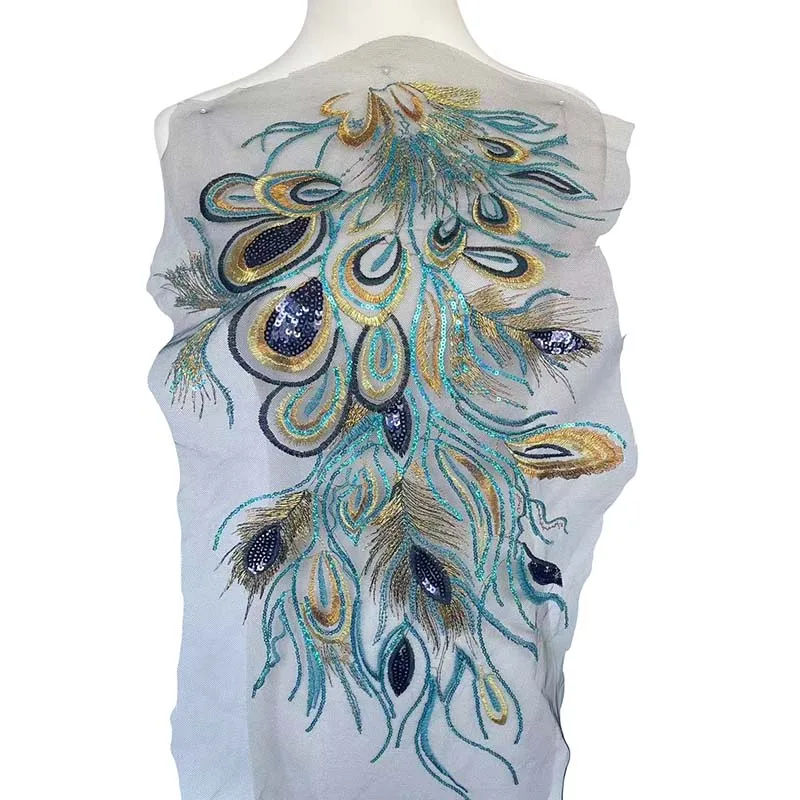 51*40CM/decorios de moda pegatinas de tela de flores 3d de lentejuelas azules, parches de costura bordados de cola de Fénix DIY para vestido de fiesta - imagen 3