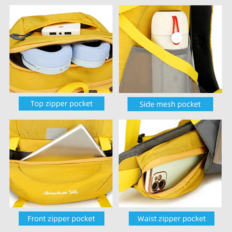 Mochila impermeable de 50L para acampar, bolso grande para senderismo, montañismo, senderismo, bolso de hombro con cubierta para lluvia, bolsa deportiva de viaje al aire libre para hombres - imagen 5