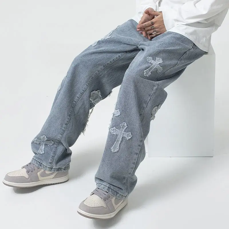 Pantalones vaqueros rectos Vintage para hombres y mujeres, Jeans casuales de Hip Hop, pantalones de mezclilla sueltos para las cuatro estaciones, bordado cruzado, tendencia de calle - imagen 2