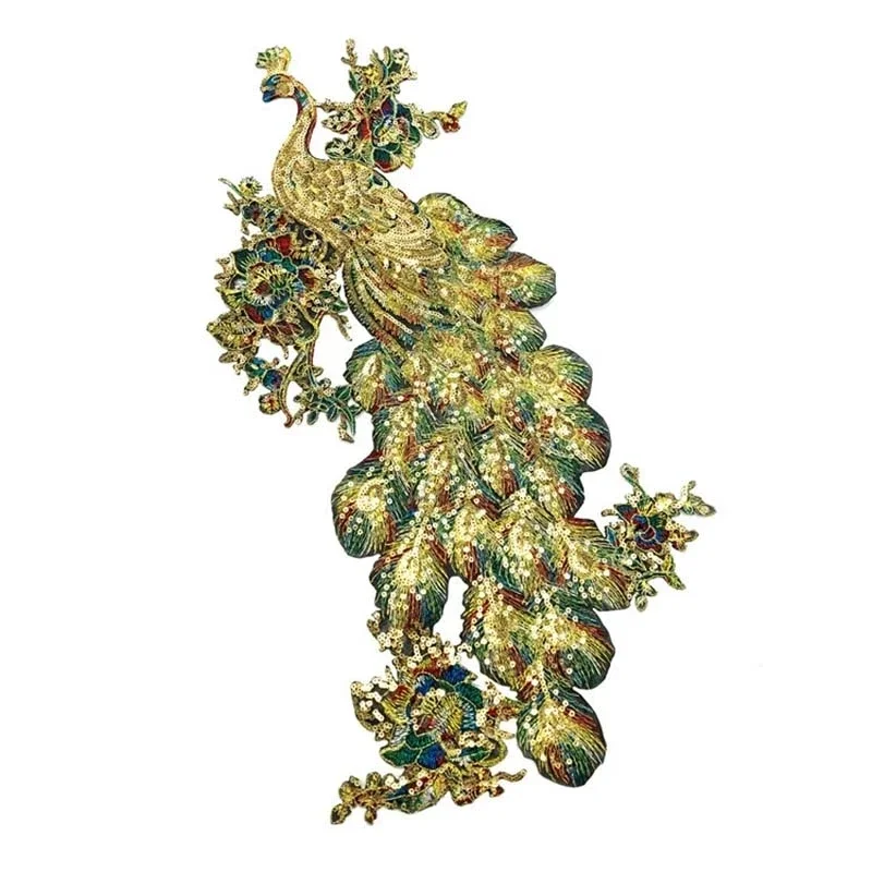 47*26 CM/parches de apliques de lentejuelas doradas termocollant, Phoenix, tela de parche de hierro de pavo real, bordado de encaje para vestido, Cheongsam - imagen 3
