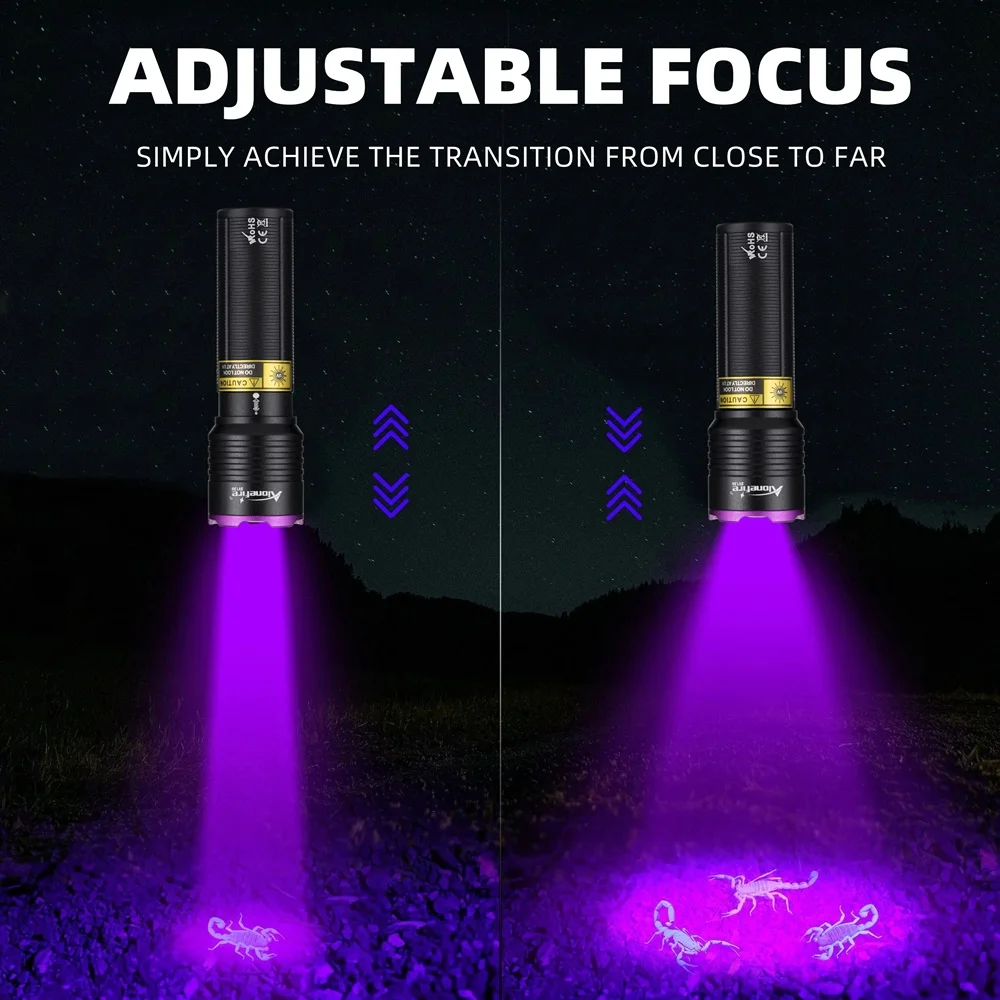 Linterna UV con Zoom de 395/365nm, recargable por USB, luz ultravioleta, curado, mineral, dinero, orina de mascota, tiña, marcador de escorpión, lámpara fluorescente - imagen 2