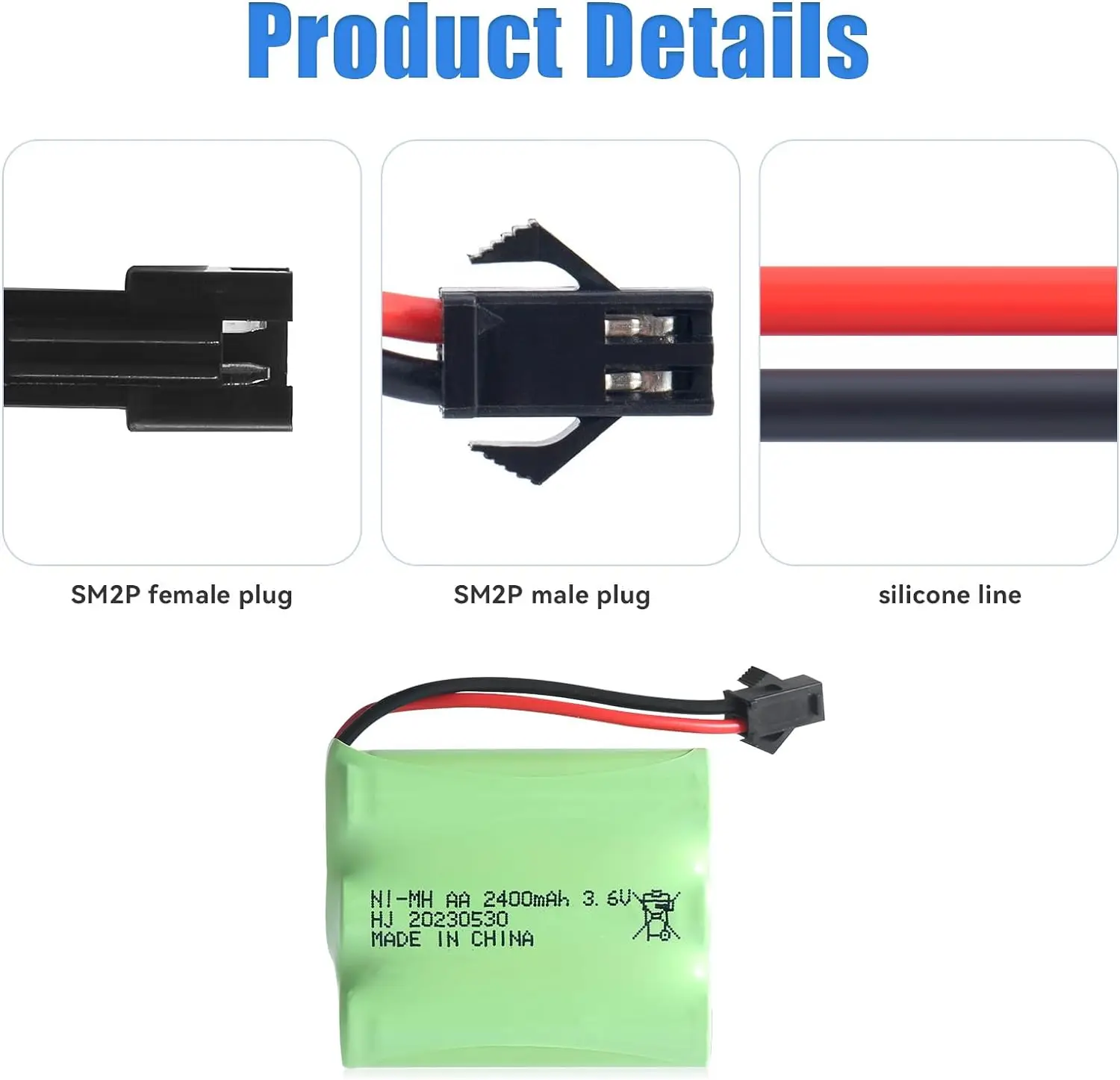 Batería de SM-2P AA NI-MH de 3,6 V y 2400mAh con Cable USB para coche de juguete a control remoto, barco, avión, linterna, máquina eléctrica de equitación segura - imagen 3