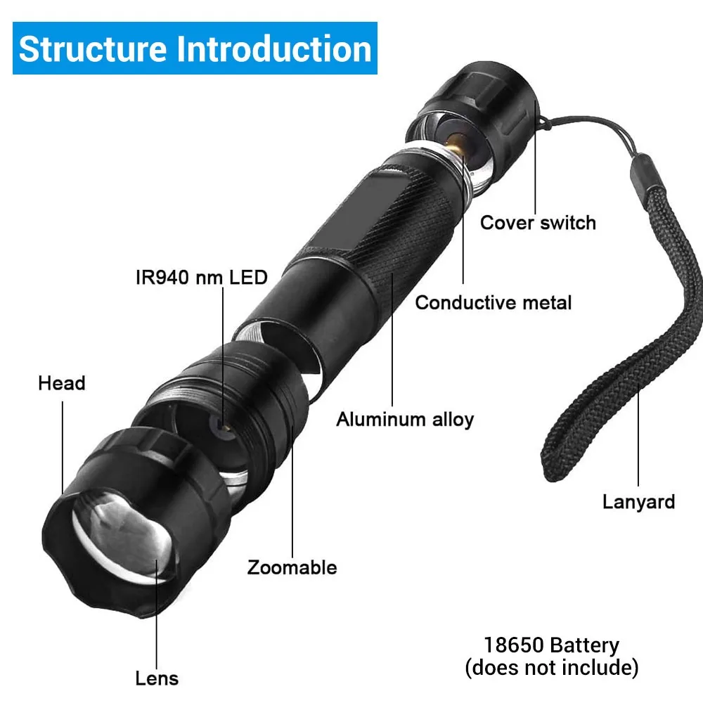 Linterna infrarroja de 850/940nm, iluminador IR con zoom para dispositivos de visión nocturna, linterna de caza, arma táctica, luces de pistola - imagen 4