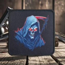 Parche táctico de moral de esqueleto de hoz, emblema de gancho y bucle con estampado de calavera, insignia militar, brazalete de combate, pegatinas para mochila