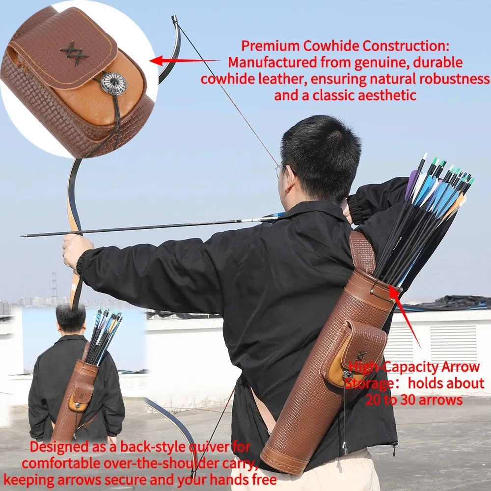 Carcaj de flecha de tiro con arco, bolsa de cuero de vaca de gran capacidad, tradicional, ajustable, hombro, espalda, arco al aire libre, accesorios de tiro de caza - imagen 3