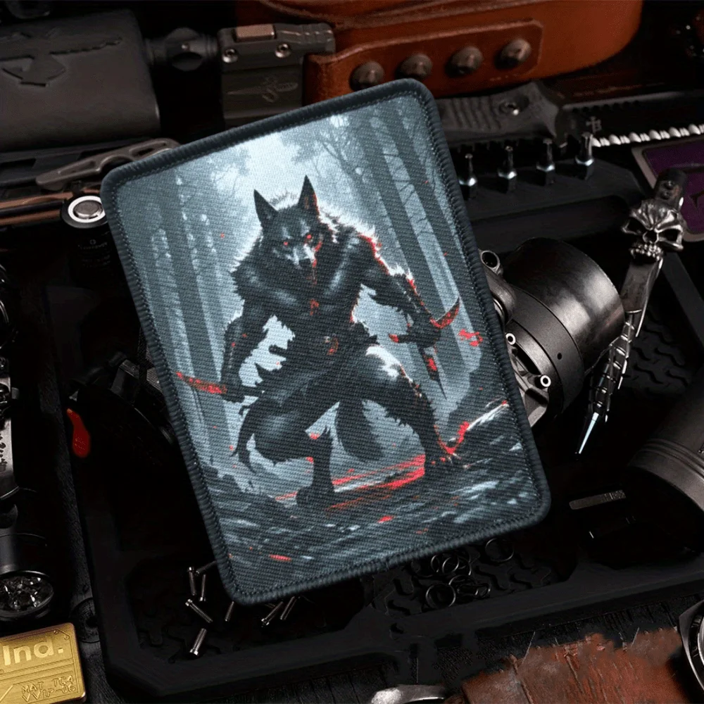Emblema de gancho y bucle con estampado de lobo de doble filo, parche táctico de moral de lobo de sangría, insignia militar, brazalete de combate, pegatinas para mochila - imagen 4
