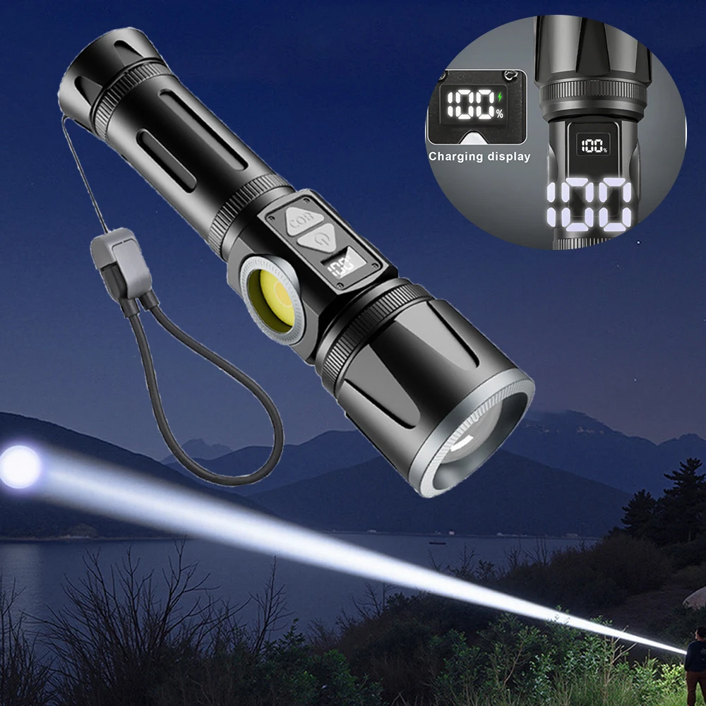 Linterna LED, linterna recargable por USB, linterna táctica para Rifle, lámpara de mano táctica con pantalla Digital de batería, Camping y pesca