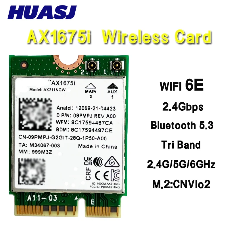 AX1675i Wi-Fi 6E AX211 1675i Tarjeta 160MHz 2.4G/5G/6Ghz Adaptador inalámbrico CNVio2 M.2 Key E 802.11ax Bluetooth 5.2