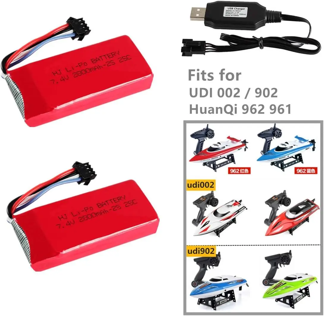 Batería li-po recargable con enchufe de SM-4P, cargador para UDI902 UDI 002 HuanQi 7,4 2800, barco de juguete RC de velocidad rápida, 25C, 961 V, 962 mAh - imagen 4